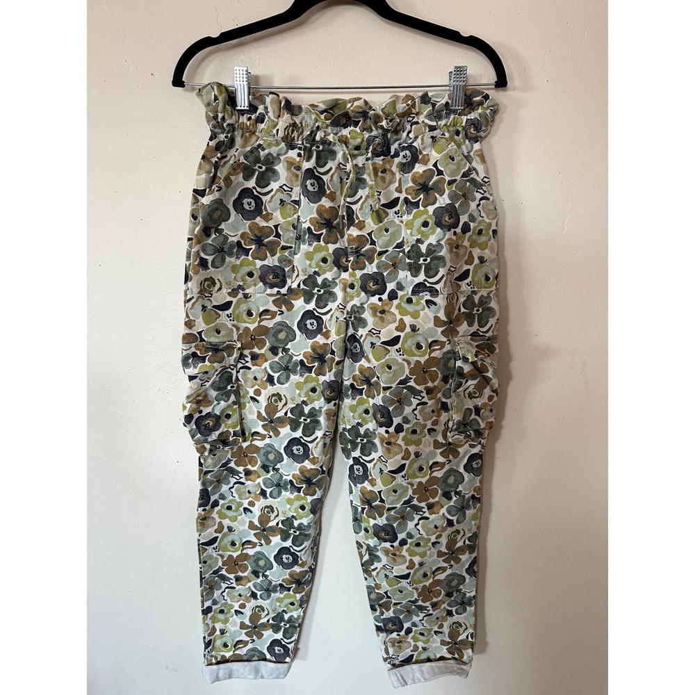 Free Assembly Floral Paperbag Waist Cargo Pants Olive Green Tan XL 14/16
